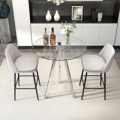 Modern 31.5'' Glass Round Bar Table with Stools Set, High Top Pub Table & 360° Swivel Linen Bar Stool