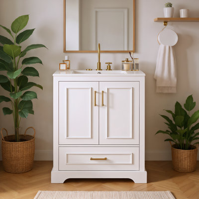 24"bathroom Vanity With Sink, Mdf Cabinet With Solid Wood Frame, 1 Divided Drawer And 2 Soft Close Doors With Double Shelf On The Door, Freestanding Vanity