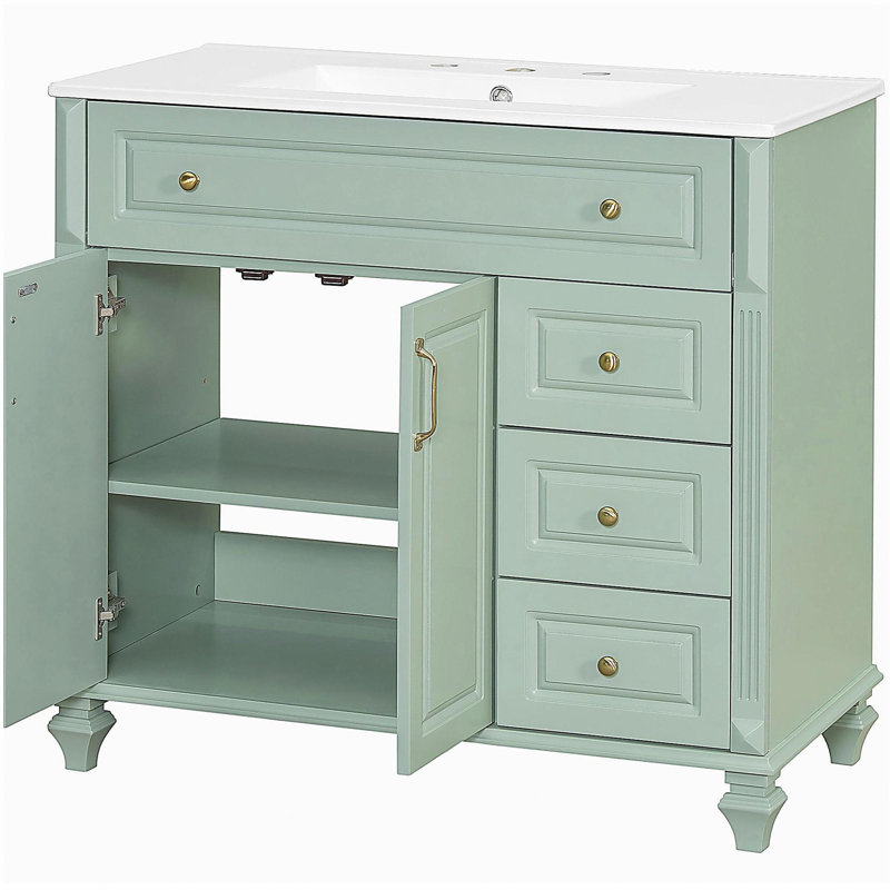 Meuble-lavabo de 36 po avec lavabo, armoire de salle de bain en bois massif vert avec tiroir rabattable, 3 tiroirs et 2 portes, conception élégante avec poignées en métal doré, meuble-lavabo moderne en bois aggloméré pour le rangement de la salle de bain