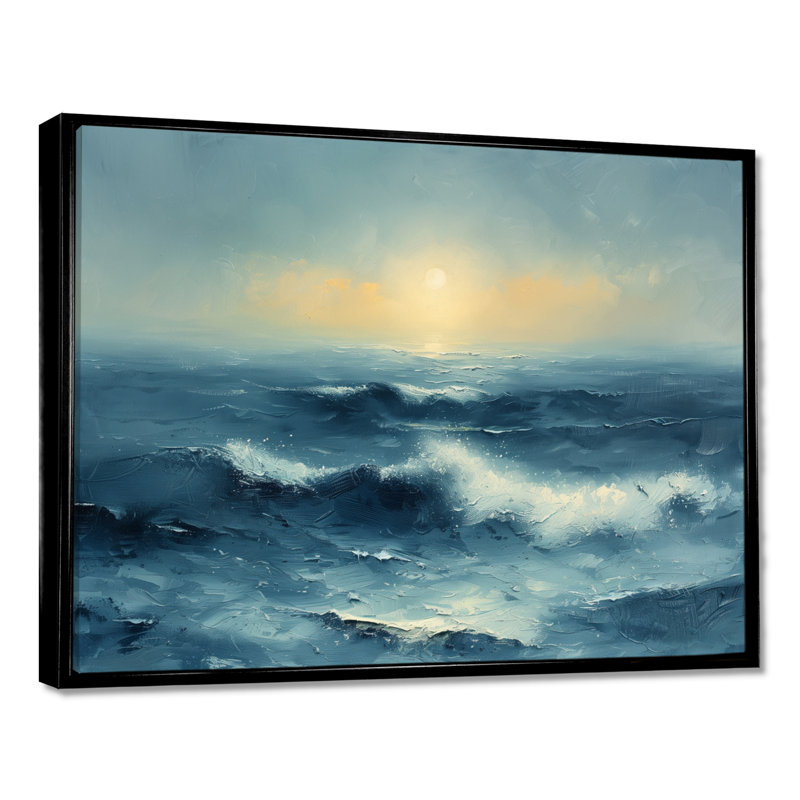 Blanc blanc, bleu, hiver, clair de lune, vagues, bord de mer, art mural, salon, Cadre flottant noir, H 30 po x l 40 po