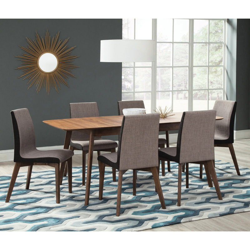 Table de salle à manger rectangulaire en noyer naturel avec rallonge, Mid-Century Intrigue For Room, 6 sièges, bois massif et base en épingle à cheveux, 59 po de profondeur, matériau moderne pour 6 personnes, largeur 35,5