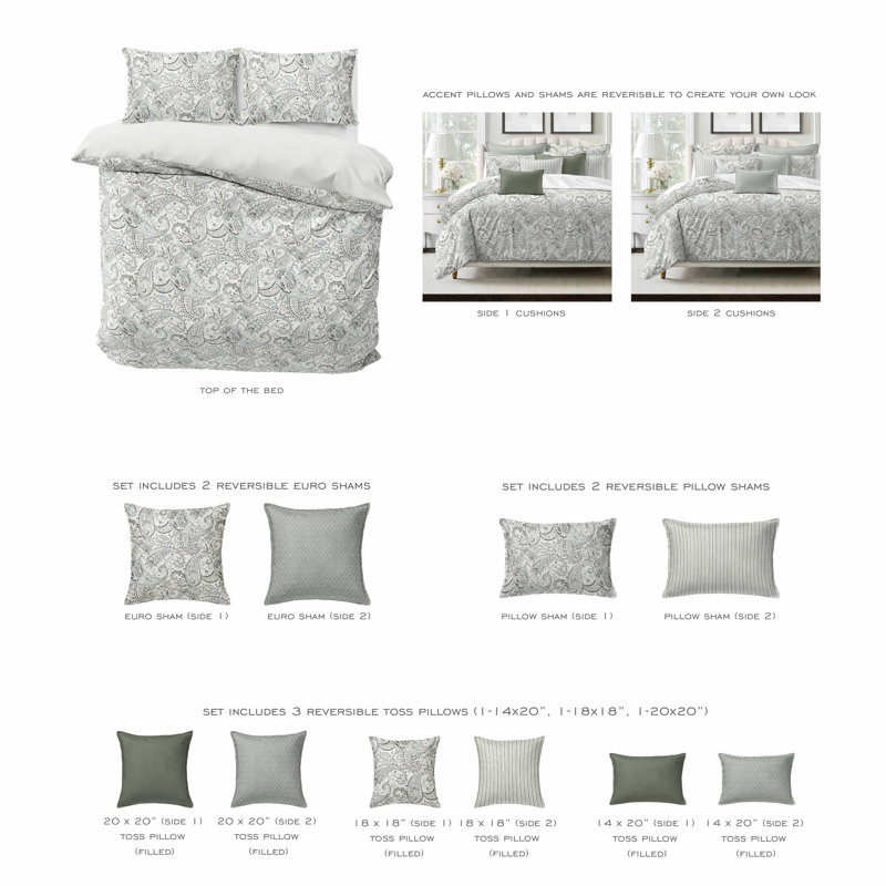 Paisley Seafoam Cotton Duvet Cover Set, Queen Duvet Cover + 7 Additional Pieces