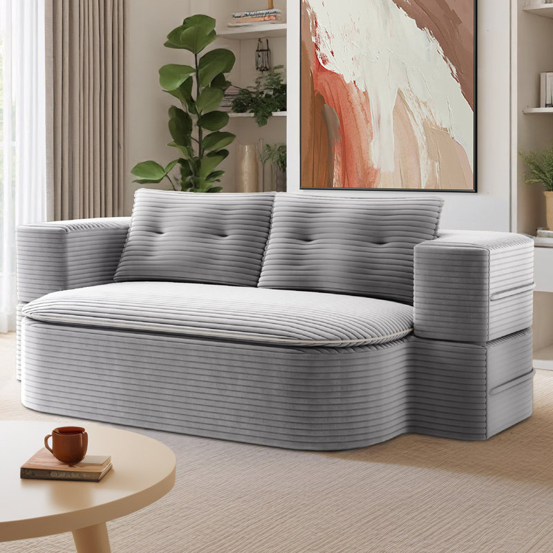 Lozena Boneless 79'' Convertible Corduroy Sleeper Sofa Bed, 15'' Thick Full-Size Compression Mattress Couch, Gray