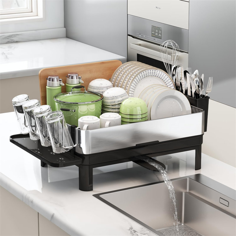 Égouttoir à vaisselle compact en acier inoxydable avec égouttoir et porte-gobelet
