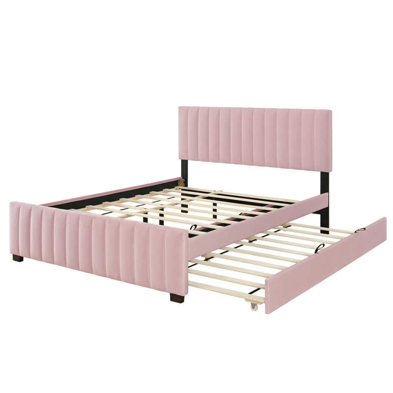 Structure de lit double tapissier en velours avec 2 tiroirs de rangement, lit plateforme, avec lit gigogne simple TG, rose