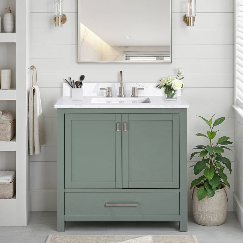 Modero 36" Single Bathroom Vanity with Top, Smoke Green, Brushed Nickel, Cala White Marble
