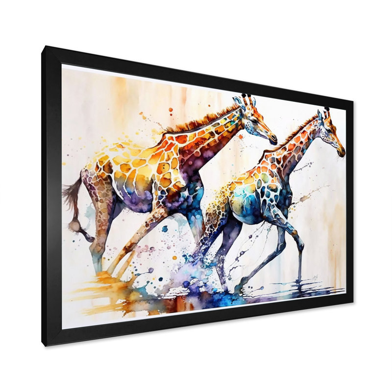 Girafes qui courent - Art sur toile girafe, H 30 po x l 40 po x P 1,5 po, Cadre simple noir