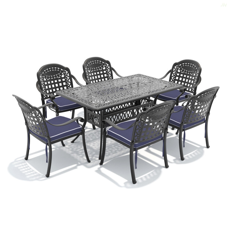 Ensemble de 7 pièces de mobilier de patio en aluminium coulé avec cadre noir et coussins de siège bleus