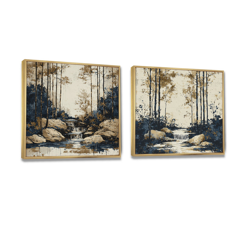 «Beige Forest» et «Blue River Natures Balance I», ensemble d'art décoratif mural, ensemble 2 pièces, H 36 po x l 73 po, Doré