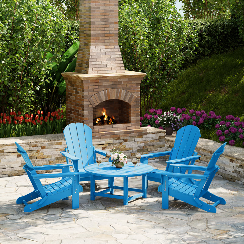 Ensemble de conversation d'extérieur 5 pièces Adirondack avec table basse ronde, Bleu pacifique