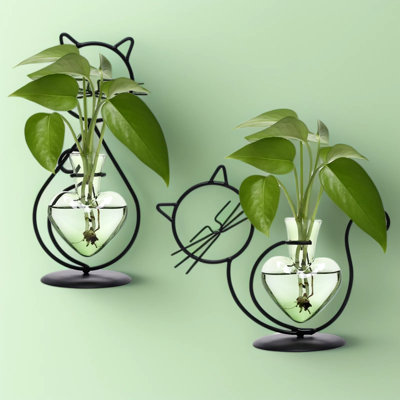 Terrarium Plants Propagation Station, Cat Lover Gift For Women, Home Office Desk Decor, Cat Shaped Plant Holder With Colored Glass Vases, Green Cat