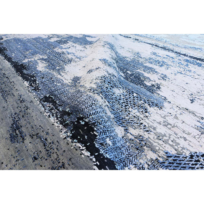 Tapis bleu et multicolore de haute qualité noué à la main, Rectangle de 5 pi x 8 pi