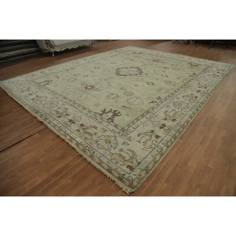 Grand tapis indien fait à la main vert Oushak 12 x 15