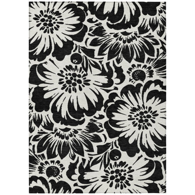 5' X 8' Black and Ivory Floral Washable Non Skid Indoor Outdoor Area Rug