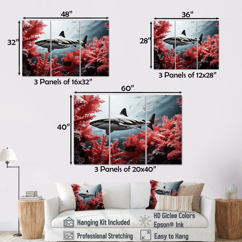 Monochrome Gray And Red Shark Dance - Coastal Coral Under Water Canvas Art Set, 40" H x 60" W x 1" D