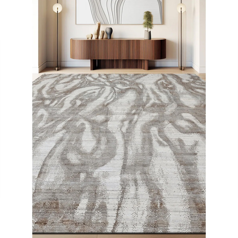 Tapis abstrait gris / blanc en laine / viscose tissé à la main Abstract, Rectangle 6 pi x 9 pi