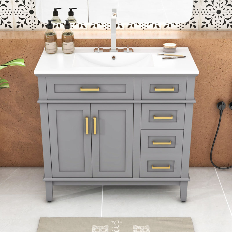 36-inch Bathroom Vanity with Ceramic Sink, Two Soft Close Doors and Four Drawers