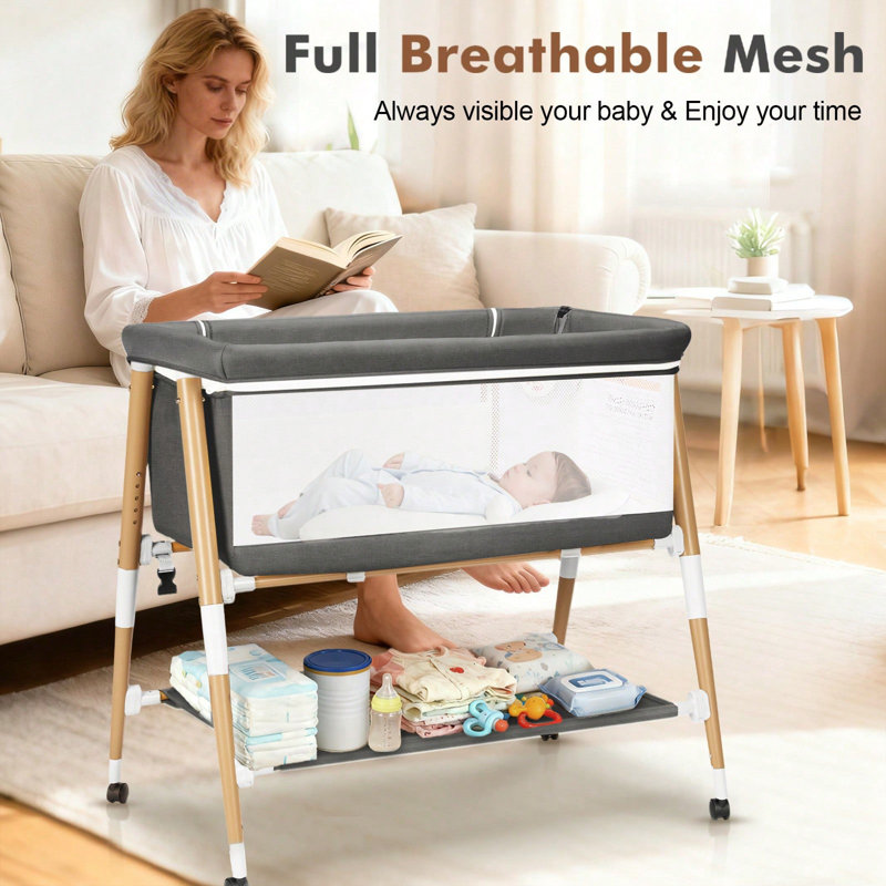 3 In 1 Baby Bassinet w/ 5 Height Adjustable For Boys Girls Newborn, Portable Babies Bedside Crib Sleeper With 4 Detachable Wheels, Breathable Mesh & Mattress, Mosquito Net & Storage Basket And Carry Bag for Infant Toddler, Grey