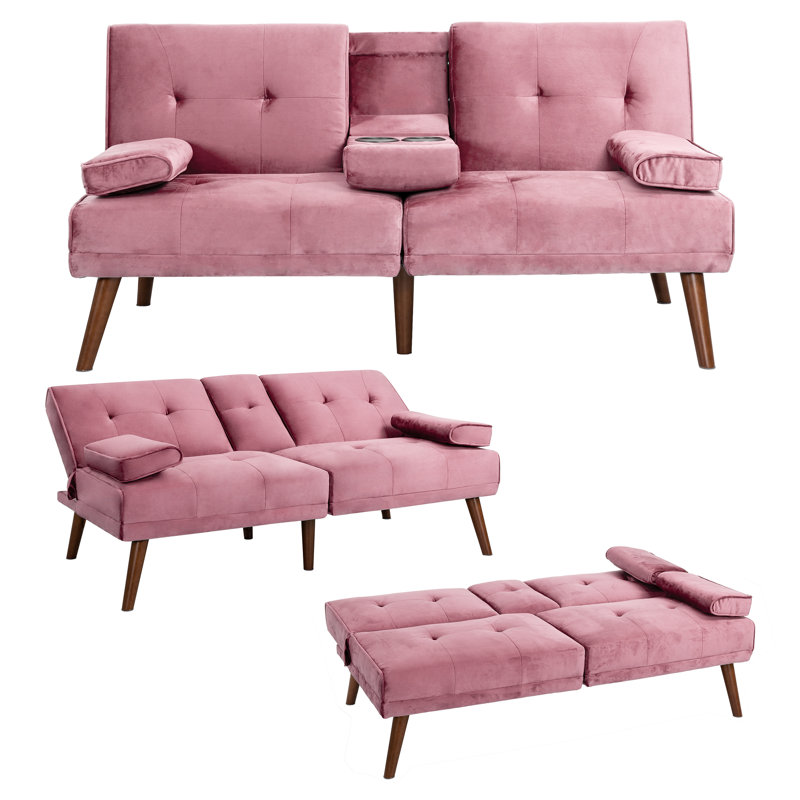 Canapé-lit double rembourré capitonné 59,4 po Lepanto, Velours rose
