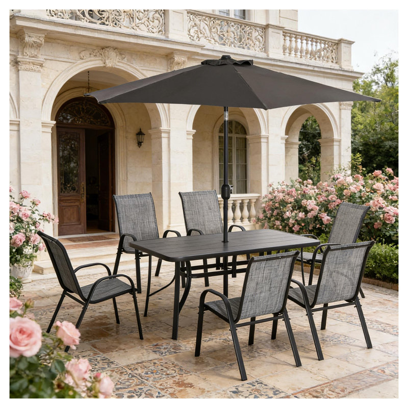 Ensemble repas 8 pièces pour patio avec parasol, cadre en aluminium et table en verre trempé