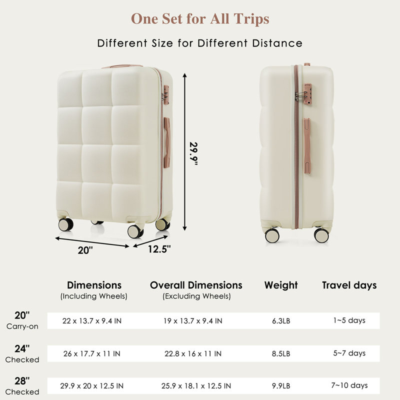 Ensemble de 4 valises, valise durable en ABS avec sac de voyage, porte-gobelet, valise rigide en ABS avec roulettes