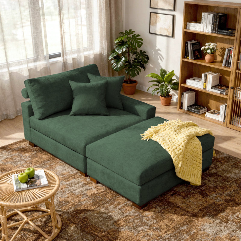 Chaise longue modulaire rembourrée en chenille verte avec accoudoirs et coussins décoratifs, Vert, Face à la droite