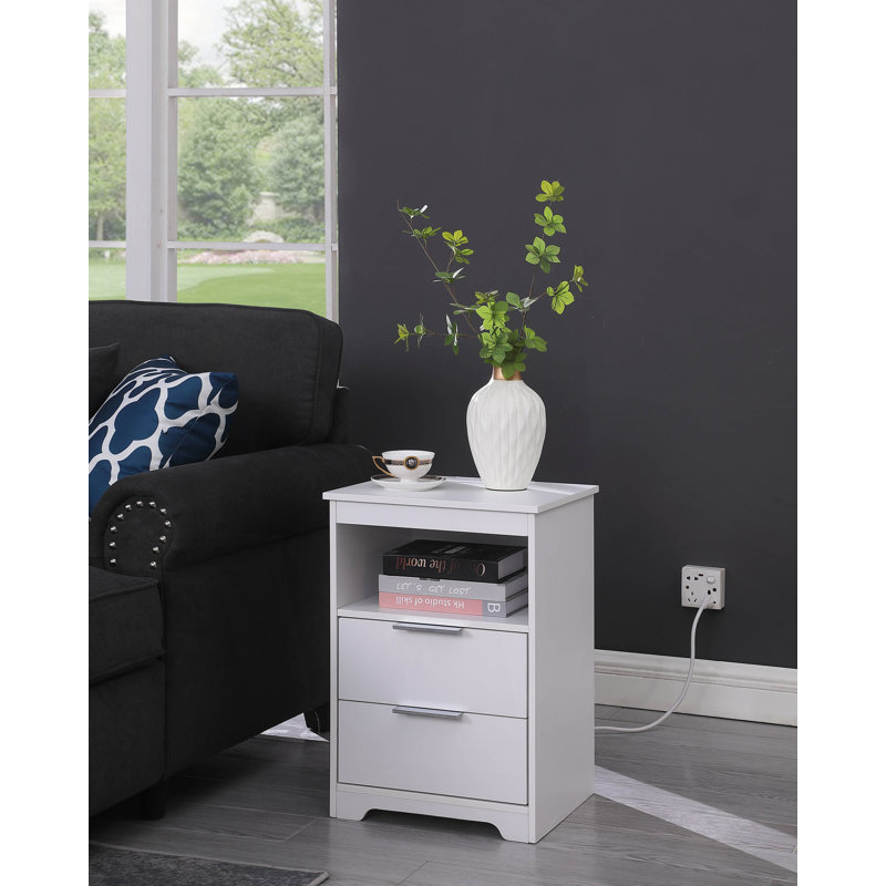 Nightstand With Charging Station, End Table With 2 Drawers, White