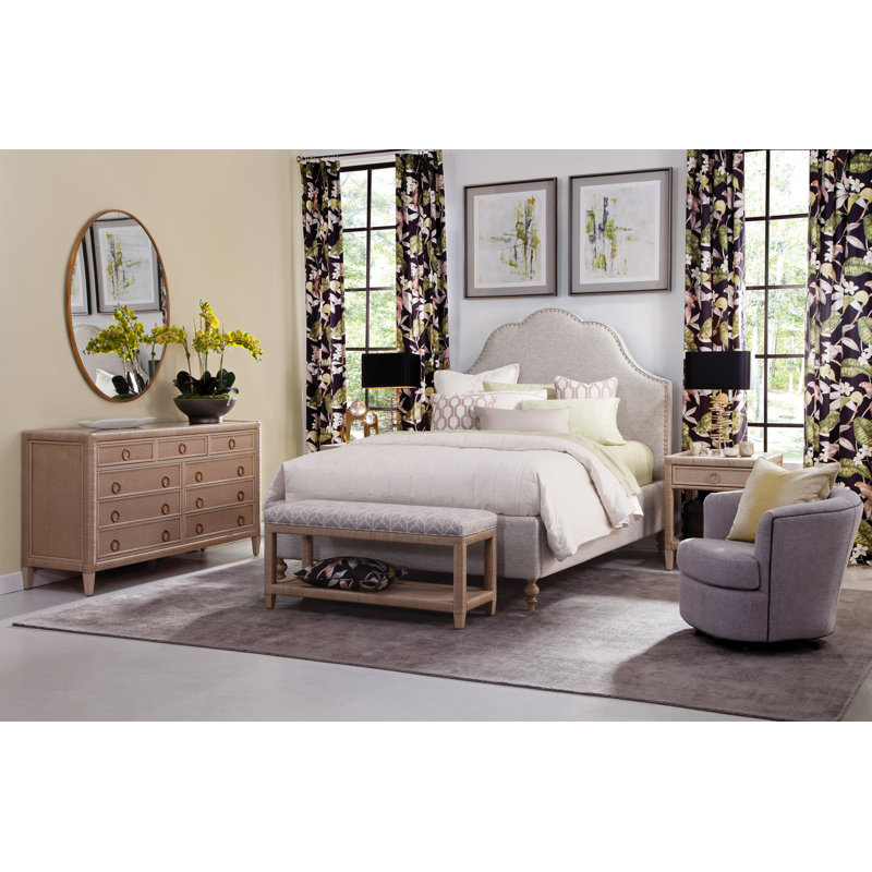 Warwick 9 Drawer Wicker Dresser, Sea Glass, Satin Brass