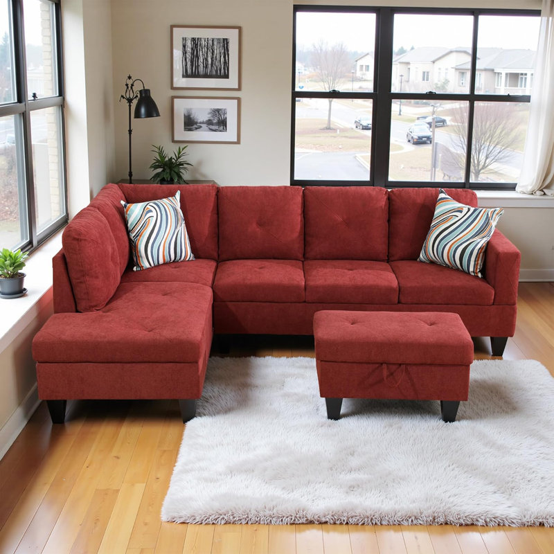 Canapé modulaire en flanelle 3 pièces, Tissu rouge, Orienté à gauche (vu de face)