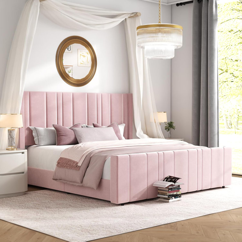 Upholstered Bed with Vertical Channel Tufted Headboard & 22" Footboard, King, Pink
