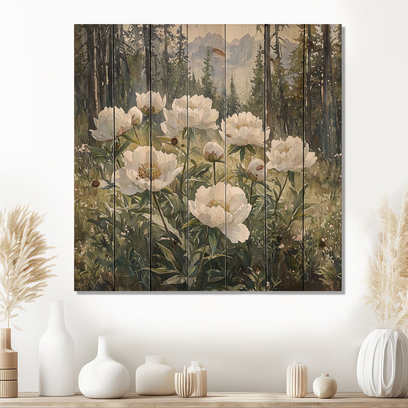 Pivoines dans la forêt alpine I - Art mural en bois pivoines - sur bois de pin naturel, H 25 po x l 25 po x P 0,78 po