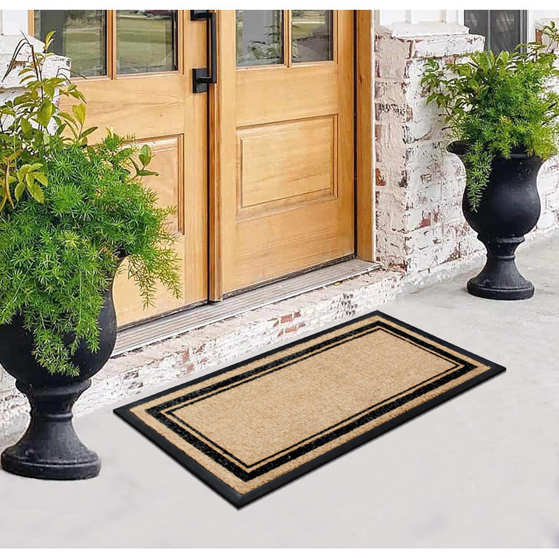 Natural Plain Classic Black Border Natural Coir & Rubber Door Mat – 24" x 48", Thick Heavy-Duty Low-Profile Outdoor Front Porch Entry Rug