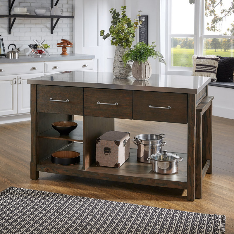 Tinka 3-Drawer Rectangle Pine Kitchen Island, Stainless Steel, Brown