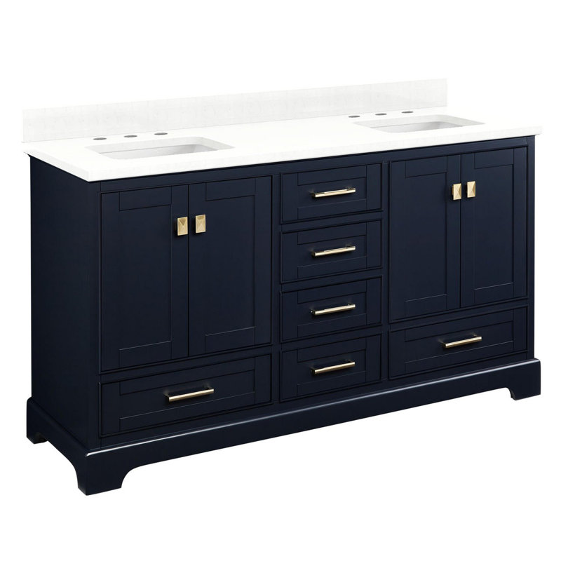 Quen 60" Freestanding Double Basin Vanity Set with Cabinet, Vanity Topss, Midnight Navy Blue, Feathered White Quartz