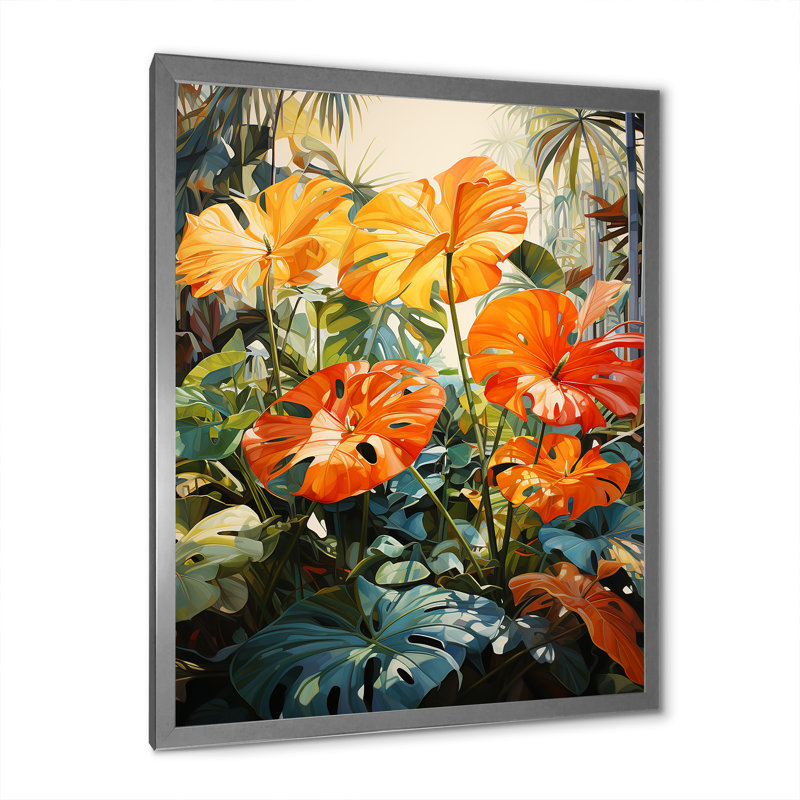 Feuillage tropical orange et vert IV, H 44 po x l 34 po x P 1,5 po, Cadre photo argenté