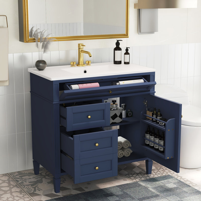 Meuble-lavabo de 36 po avec lavabo supérieur, armoire de rangement de salle de bain avec 2 tiroirs et un tiroir basculant