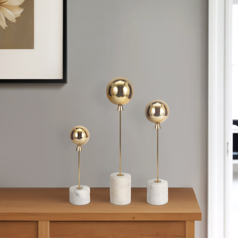 Decorative Balloon Statue Figurine with Marble Base for Home Decor – Minimalist Decorative Object for Shelf Styling and Living Room Decoration – Set of 3, 18", 15", 11", Gold & White