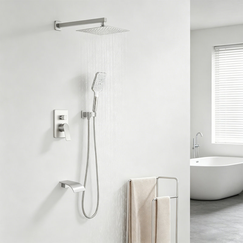 10-Inch Square Rain Shower System With 3-Function Handheld Shower And 4.72" Waterfall Tub Spout, Brushed Nickel