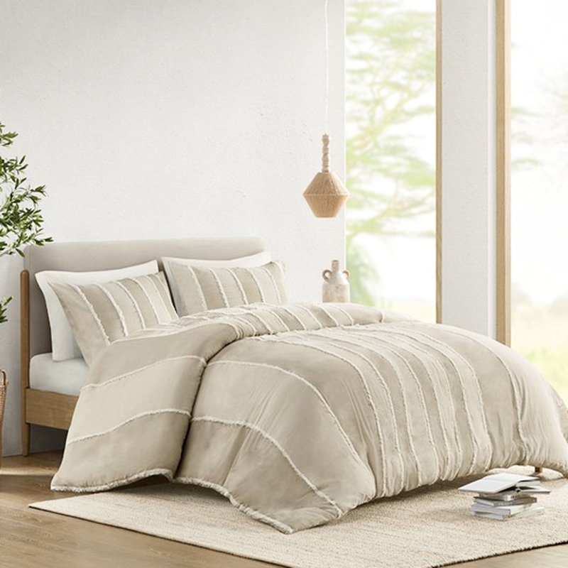 De literie rayée blanche et blanche pour lit double / grand avec housse de couette en coton 3 pièces