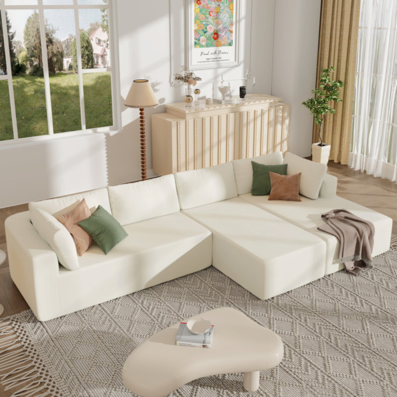 Beige Modular Three-Piece Fabric Sectional Sofa with Ottoman