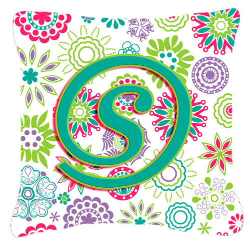 Monogramme initiale fleurs intérieur/extérieur Throw Pillow, S, 14" H x 14" L x 4" D