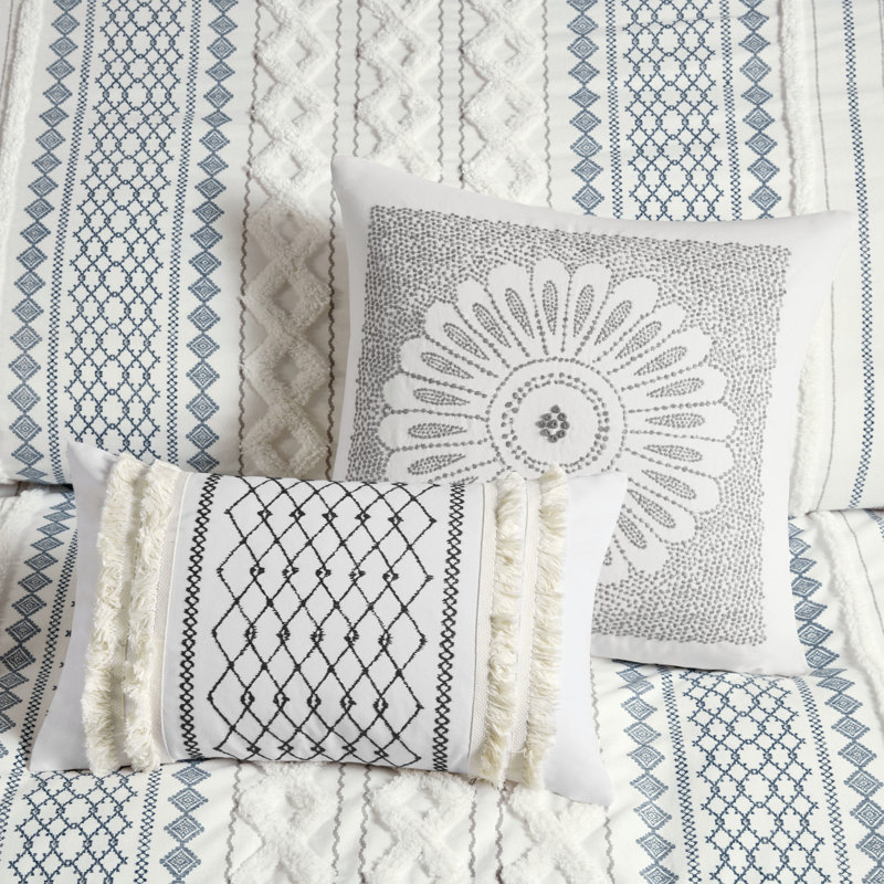 Cotton Printed Comforter 3 Piece Set, White/Navy