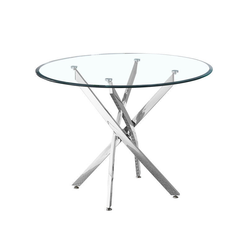 Table de salle à manger ronde contemporaine en verre trempé transparent avec pieds sculpturaux en acier inoxydable argenté et verre épais de 0,39 pouce, d'une hauteur de 30,1 pouces, pouvant accueillir quatre supports en métal, diamètre 36, assise confortable pour