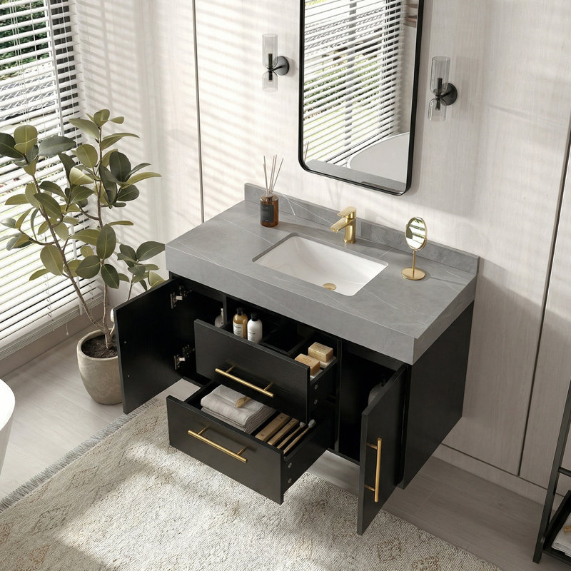40" Modern Floating Bathroom Vanity Set with Grey Sintered Stone Top, Undermount Sink & Drain Assembly