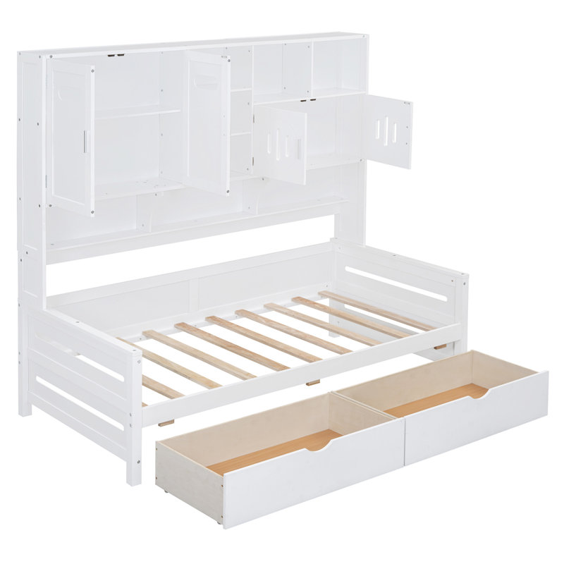 Lit de jour en bois avec 2 tiroirs, Lit simple, Blanc