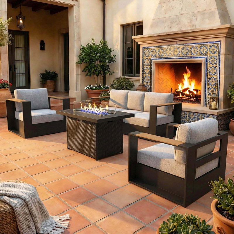  Outdoor Oversized Aluminum 4-piece Conversation Set With Firepit Table And 6-inch Cushion, Light Gray