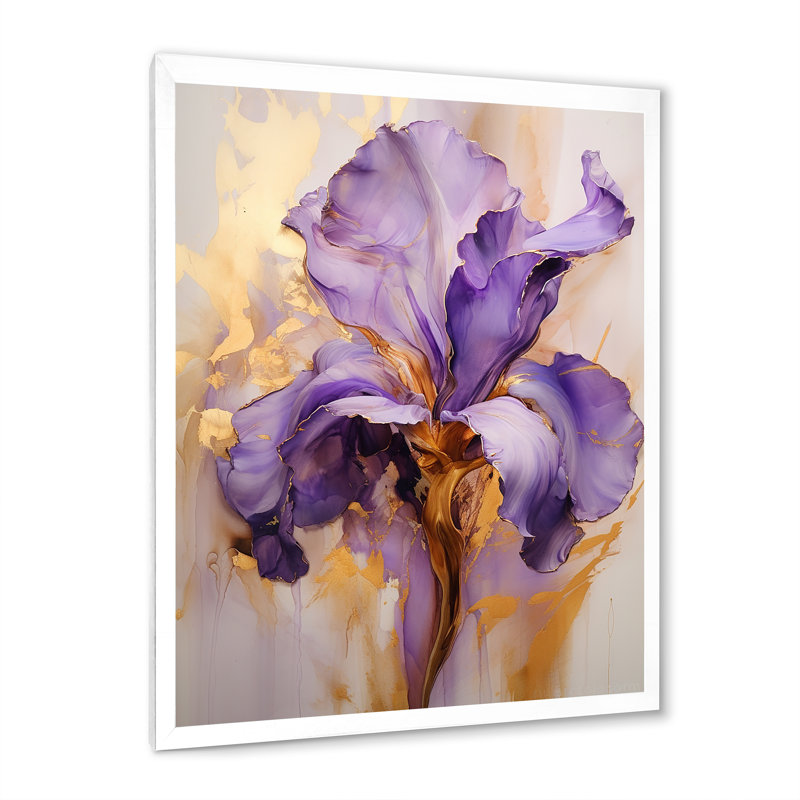 Iris doré - Rêve mauve - iris, art mural grand format, H 44 po x l 34 po x P 1,5 po, Cadre simple blanc