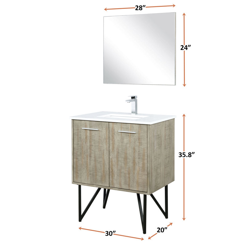 30 po De meuble-lavabo rustique avec comptoir en quartz, robinet et miroir mural de 28 po de large, 30"