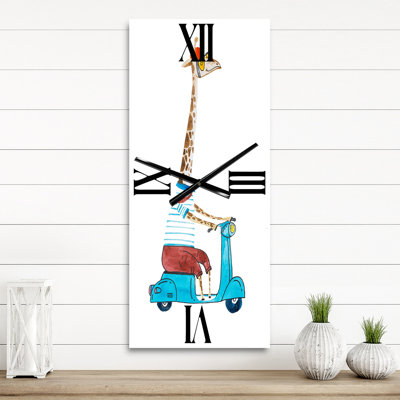 Giraffe Dressed up Wearing Helmet & Riding Scooter - Children'S Art Wall Clock