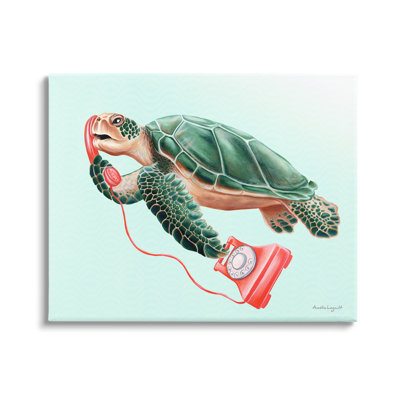 Tortue de mer verte nageant avec téléphone rotatif rouge par Amelie Legault - reproduction sur toile